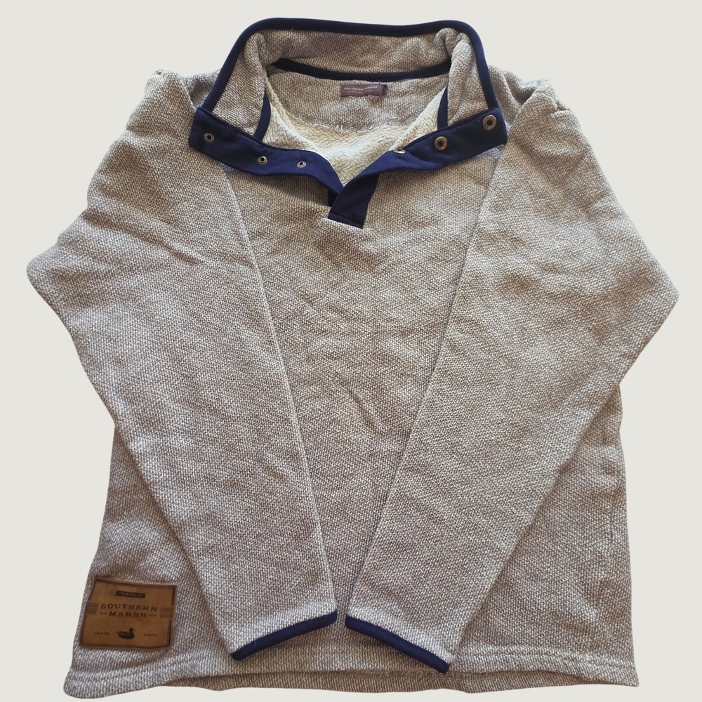 Southern Marsh Pullover Quarter Zip Men's Tan Navy Blue Preppy Coastal Medium